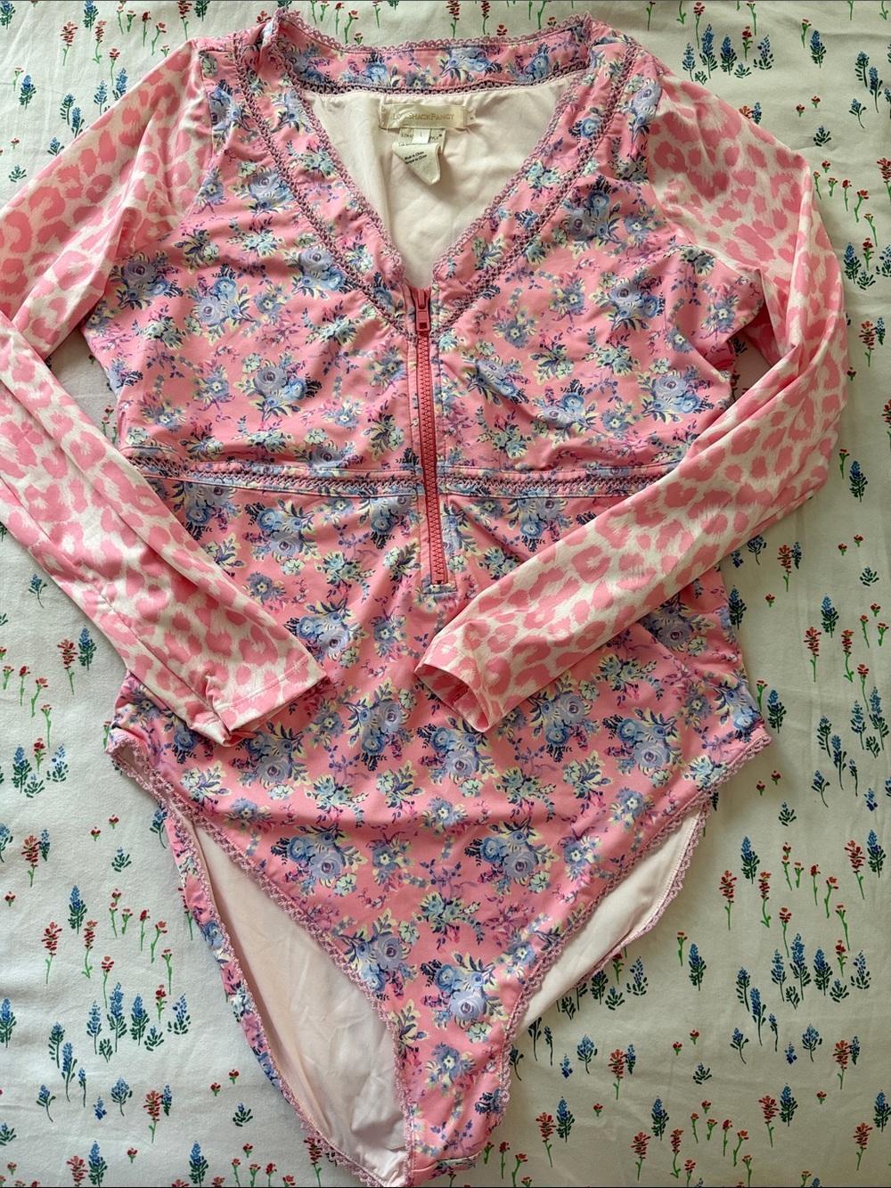 Womens Love Shack Fancy Pink Floral Long-Sleeve One-Piece Swimsuit by
